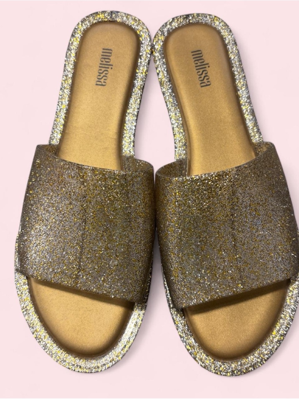 Melissa Metallic Gold Glitter Slide Sandals
